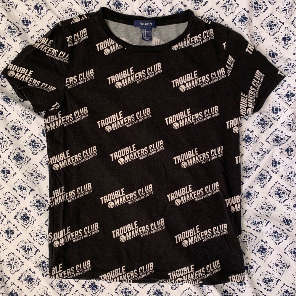 Black shirt with white letters